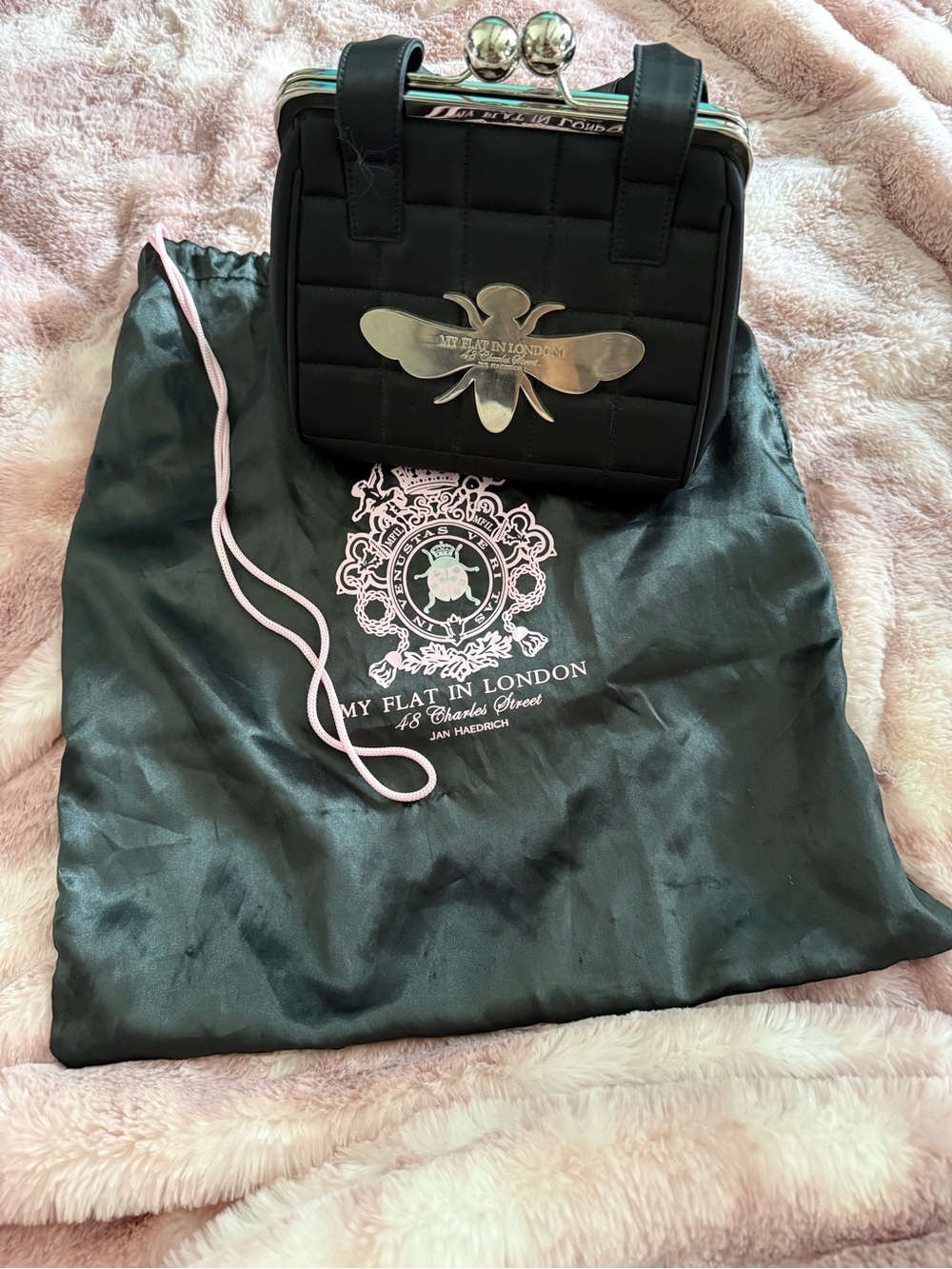 My Flat in London Black Quilted Queen Bee Kiss Lock Frame Handbag